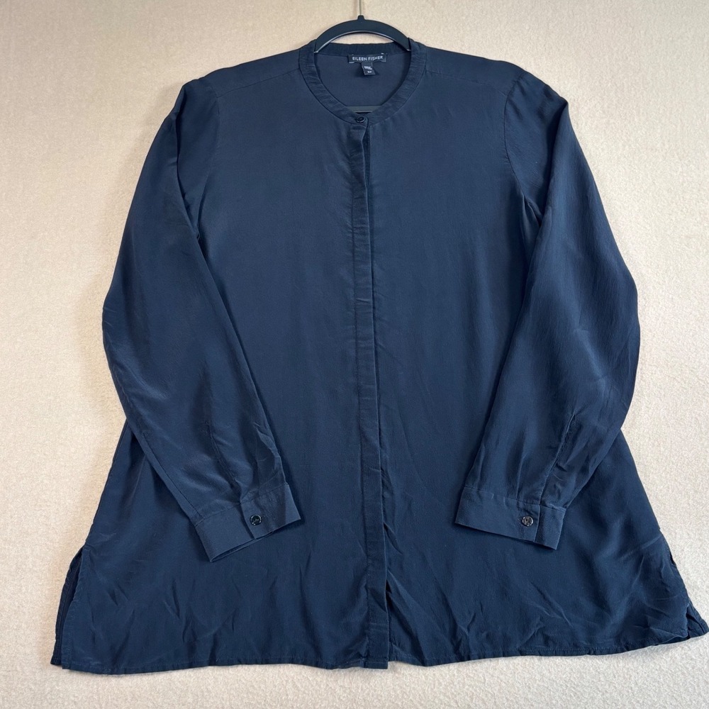 Eileen Fisher Black 100% Silk Mandarin Collar Hidden Button Tunic Blouse Small